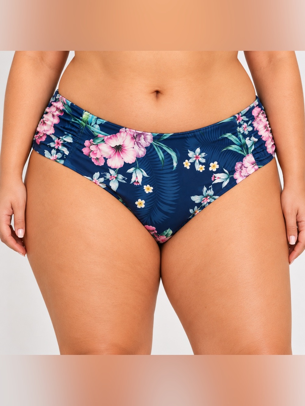 BECCA Plus Size 3X Bikini Bottom NWT Navy Floral Ruched Swimwear